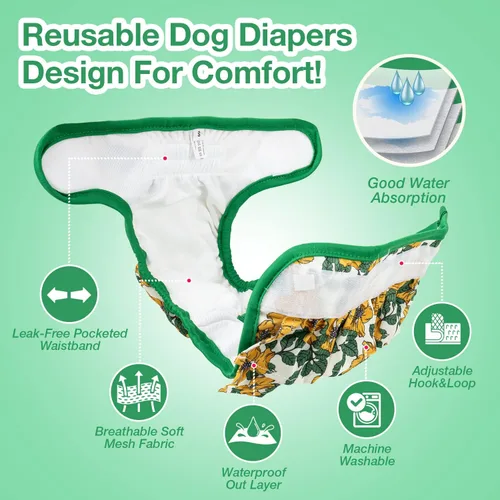 Vista 2 de Pet Soft Pañales para Perras Hembras – Paquete de 3 pañales lavables estilo vestido para perras hembras en celo – Bragas Reutilizables para Período