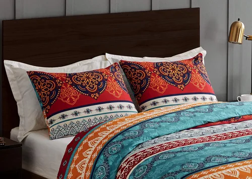 Vista 2 de Juego de 2 fundas de almohada con diseño de mandala bohemio y chic, tamaño Queen, color rojo, verde azulado, azul, naranja, indio, turquesa