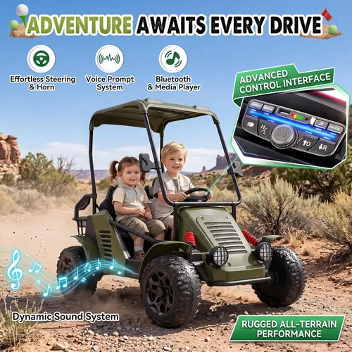 Vista 4 de Hikole Carrito de golf para niños de 36 V, auto de 2 plazas con control remoto y toldo, 4WD Verde militar