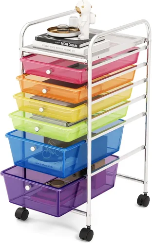 Vista 46 de DREAMADE Carrito rodante con cajones de almacenamiento, carrito utilitario con cajones de plástico extraíbles, ruedas con cerradura, carrito de arte
