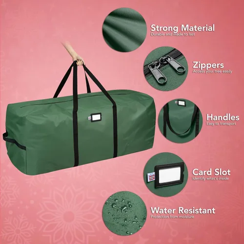 Vista 4 de Bolsa de Almacenamiento de Navidad de Servicio Pesado que se Adapta a Árboles Artificiales de hasta 7.5 pies de Altura, Impermeable con Asas Verde