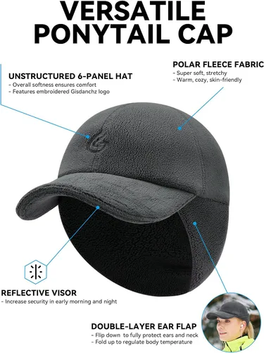 Vista 2 de Gisdanchz Sombrero de cola de caballo elástico reflectante de invierno para mujer con solapa desplegable para las orejas