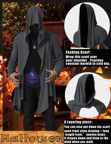 Vista 8 de Cárdigan largo con capucha para hombre, con volantes, cuello de chal, parte delantera abierta, ligero, con bolsillos