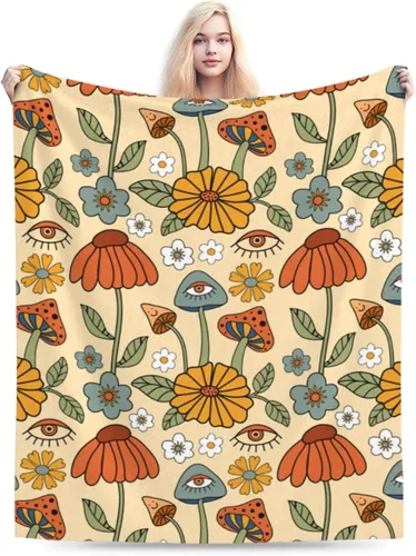 Vista 9 de Manta de hongos florales retro de los años 70, mantas suaves de franela para cama, acogedora y ligera, regalos de felpa para mujeres, hombres