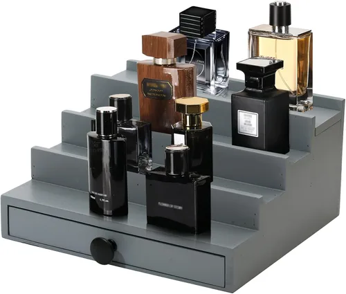 Vista 18 de 4 Tier Men's Cologne Organizer, Black Wooden Display Stand with Drawer Negro-4 niveles