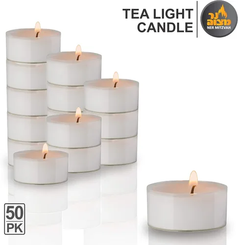 Vista 2 de Ner Mitzvah Velas de té – Paquete de 50 velas a granel – Velas blancas sin perfume en taza transparente – Larga combustión – 4.5 horas
