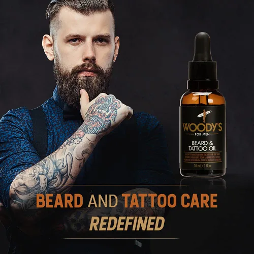 Vista 3 de Woody's Aceite de tatuaje y barba para hombres, aceite de barba para hombre, hidratante hidratante facial para cabello y piel, mejora el crecimiento