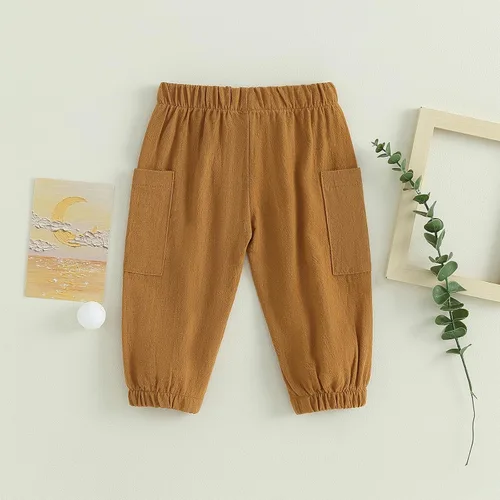 Vista 4 de Pantalones deportivos de algodón y lino para bebés, niños y niñas, elásticos, con botones básicos, estilo harén, ropa de otoño