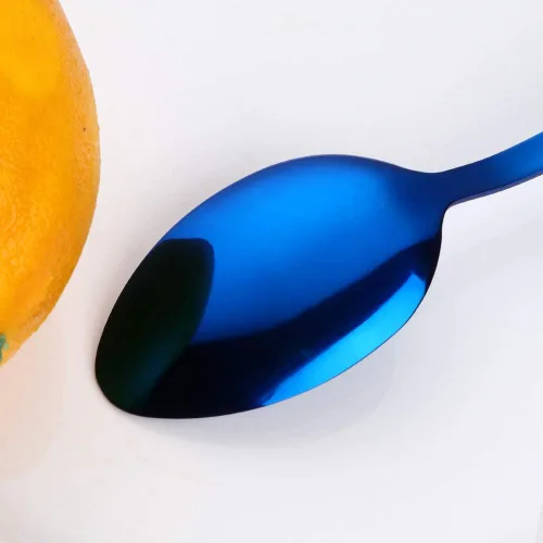 Vista 5 de MINGYU Juego de 12 cucharas de acero inoxidable – Cucharas de sopa de mesa azul, cuchara de titanio de 7 pulgadas para comer, cucharada apta