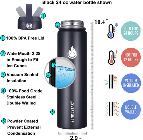 Vista 3 de SENDESTAR Botella de agua aislada de 24 onzas, boca ancha, botella de agua de 24 onzas con tapa con popote, tapa de boquilla, acero inoxidable