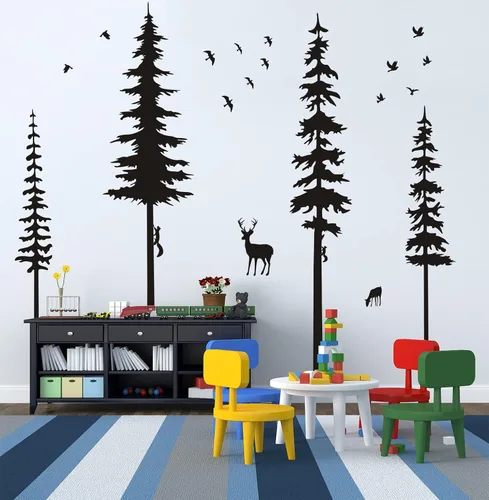 Vista 5 de Calcomanías de pared de pino, calcomanías de vinilo de bosque con calcomanías de pared de animales, ardillas y ciervos, decoración de guardería Negro