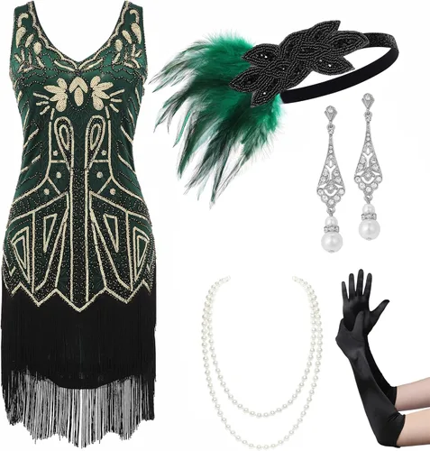 Vista 8 de BABEYOND Conjunto de vestidos flapper para mujer, con cuello en V de los años 20, con flecos y flecos, con accesorios Set - Champagne Gold