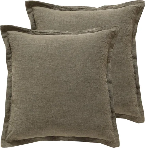 Vista 11 de patdrea Juego de 2 fundas de almohada cuadradas estilo shabby chic marrón tostado con borde plegable, fundas de almohada de lino de granja, fundas