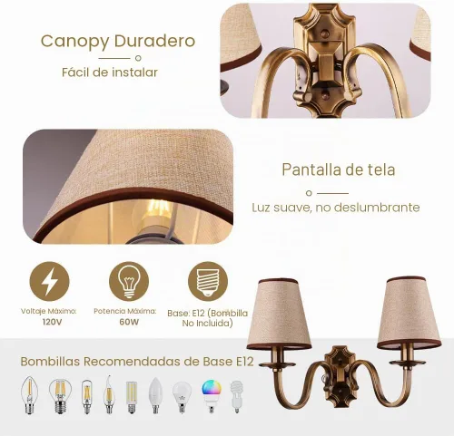 Vista 5 de Aiwen Vintage moderno aplique de pared lámpara de pared lámpara de pared de latón macizo accesorio 2 luces