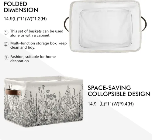 Vista 2 de Blueangle Cesta de almacenamiento rectangular de flores blancas y negras, 15 x 11 x 9.5 pulgadas, cesta organizadora plegable para decoración