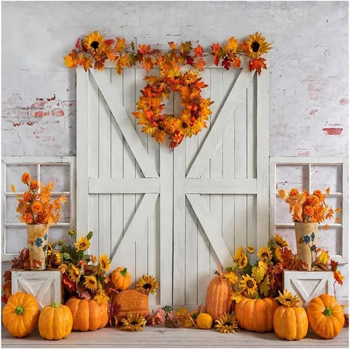 Vista 8 de Kate Fondo de fotos de 7 x 5 pies con diseño de calabaza de Acción de Gracias, para cosecha, pared blanca, puerta de madera blanca, Halloween