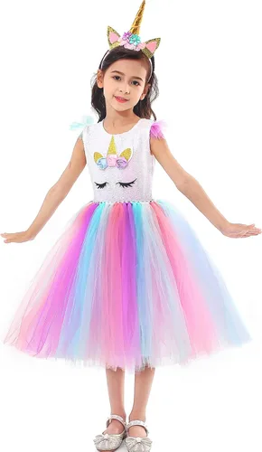 Vista 8 de PinkBeautiM Vestido tutú de unicornio para niñas disfraz de unicornio de lentejuelas para niña con diadema vestidos de fiesta de cumpleaños de 3 a
