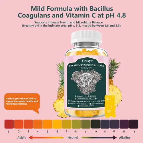 Vista 4 de Gomitas de equilibrio femenino prémium para el equilibrio de pH y salud vaginal, probióticos, piña hawaiana, gomitas femeninas para mujeres, área