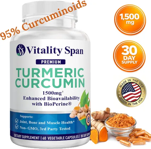 Vista 3 de Turmeric Curcumin Supplement 1500mg – 95% Curcuminoids with 10mg BioPerine Black Pepper – High Absorption Antioxidant Support – Made in USA – 60 Veg