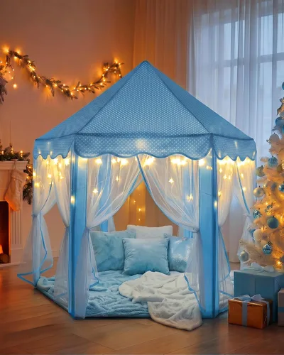 Vista 8 de Sumbababy - Tienda de campaña de castillo de princesa para niñas, de juego, hexagonal, azul, con luces de estrella de hadas, juguetes para niños