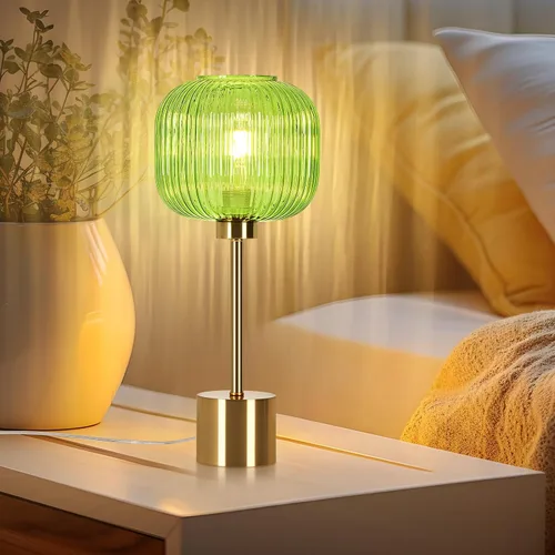 Vista 5 de Lámpara de mesa de cristal verde con 3 vías regulable y control táctil, lámpara de mesita de noche vintage moderna de mediados de siglo