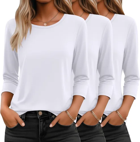 Vista 6 de Ficerd Paquete de 3 camisetas de manga 3/4 para mujer, cuello redondo, camisetas básicas elegantes, casuales, modernas, holgadas
