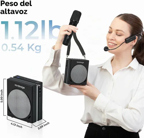 Vista 3 de WinBridge Amplificador de voz portátil con sistema PA de 30 W con micrófonos inalámbricos duales