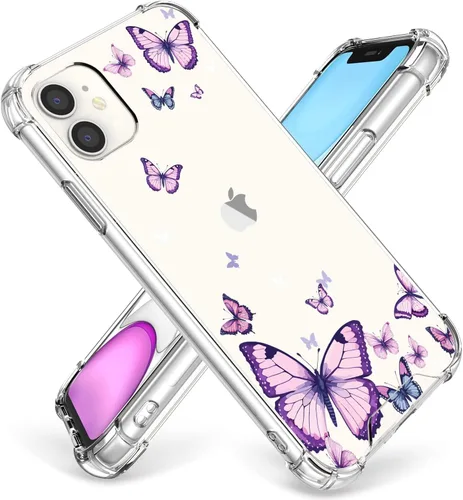 Vista 23 de OOZ Funda de cristal para iPhone 11 Pro (2019) de 5.8 pulgadas, bonita funda protectora transparente, seductor patrón de mariposa morada, suave a