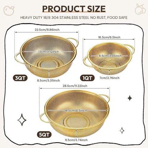 Vista 3 de Baderke Colador de metal dorado de acero inoxidable con asa, colador dorado para cocina, drenaje, pasta, enjuague, verduras, arroz, alimentos, 3