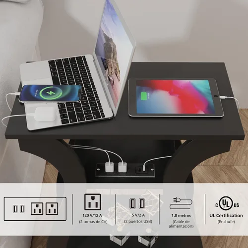 Vista 4 de FROMJBEST - Mesa auxiliar con estación de carga; mesa de lado con puertos USB y tomas de corriente; mesa de noche de sofá de 3 niveles para espacios