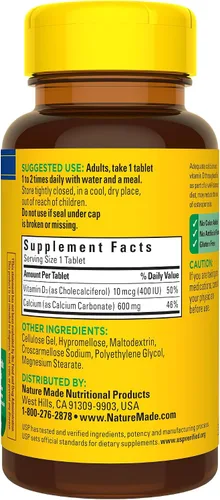 Vista 9 de Nature Made Calcio 600 mg con Vitamina D3, Suplemento Dietético para Apoyo Óseo, 60 Tabletas Suplemento de calcio para la salud ósea, suplemento