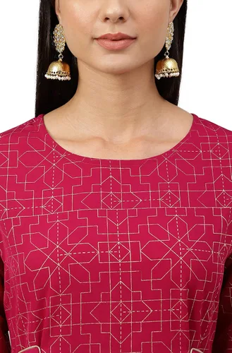 Vista 8 de Janasya Día de la Mujer Vino Poli Crepe Foil Print Flare Kurta
