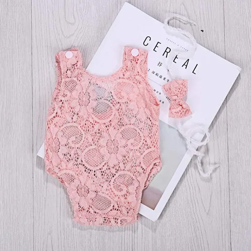 Vista 2 de Recién nacido bebé niña fotografía accesorios foto sesión trajes traje infantil encaje tocado mamelucos