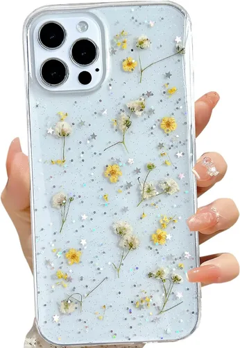 Vista 55 de LSEEKA Funda transparente para iPhone 11 con diseño de flores prensadas reales, linda y brillante, patrón floral rosa, funda protectora delgada