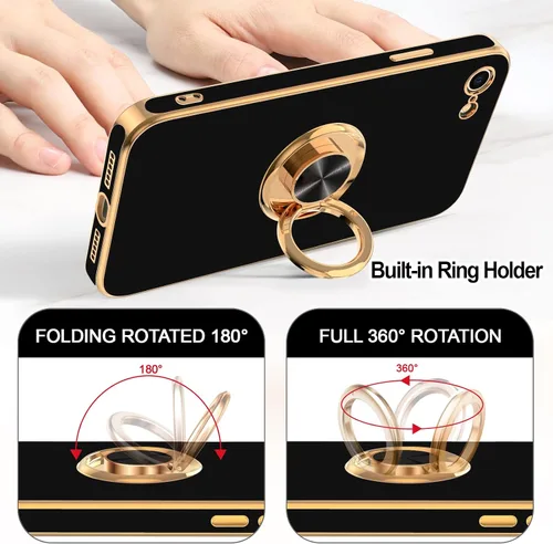 Vista 4 de Hython Funda para iPhone SE 2022, iPhone SE 2020, iPhone 7, iPhone 8 con soporte de anillo soporte magnético, chapado en oro rosa, TPU suave, Negro