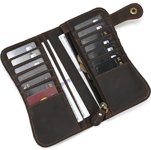 Vista 6 de Cartera larga de cuero genuino para hombre, cartera con tarjetero y bolsillo para monedas