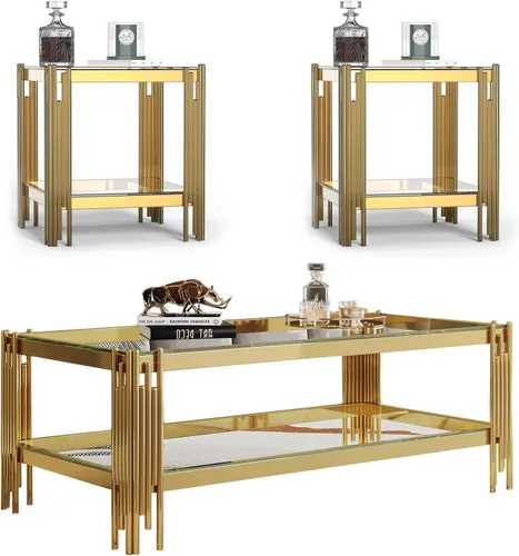 Vista 39 de Mesa auxiliar rectangular de vidrio de 48 pulgadas, mesa de centro de 2 niveles con parte superior de vidrio templado negro, patas de acero