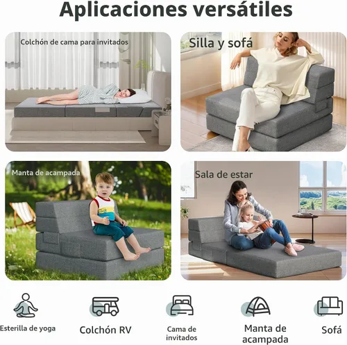 Vista 6 de Youzi Sofá Cama Plegable Queen, Sofá de Suelo de Espuma de 6 Pulgadas y Colchón Plegable con Funda Lavable, Sofá Desplegable para Huéspedes, Camping