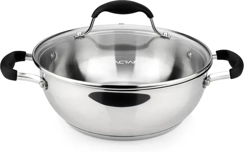 Vista 7 de AVACRAFT Sartén de Acero Inoxidable 18/10 para Uso Diario, Sartén Wok con Base de Cinco Capas, Sartén de Chef con Tapa de Vidrio, Sartén Multiusos