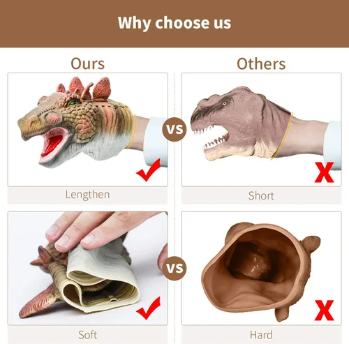 Vista 6 de Yolococa Marionetas de mano de dinosaurio, juego de marionetas de animales de látex de 3 piezas con T Rex, triceratops y estegosaurio para contar