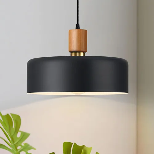 Vista 11 de Lámpara colgante moderna negra sobre isla de cocina, iluminación colgante industrial, lámpara colgante de techo de madera ajustable para comedor