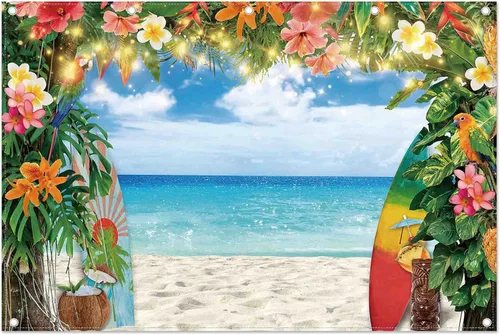 Vista 7 de Telón de fondo de fotografía de playa hawaiana de verano de 7 x 5 pies, flores tropicales, hojas de palma, fondo de tabla de surf, decoración