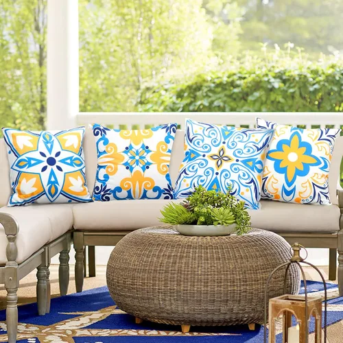 Vista 4 de Drmstow Fundas de almohada azules 18x18 juego de 4 con estampado floral azul y amarillo y estilo rústico moderno para sofá, cama, decoración