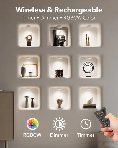 Vista 2 de Luces LED recargables de disco con control remoto, luces de botón con pilas de 2400mAh, luces adhesivas magnéticas para tocar, luz inalámbrica