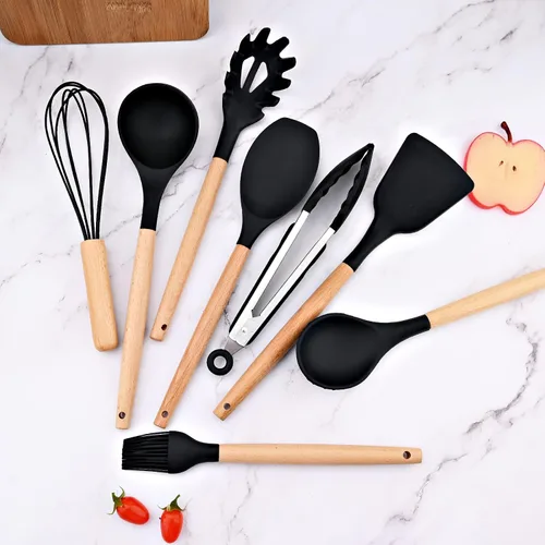 Vista 7 de Juego de utensilios de cocina de silicona negra con soporte de cubo de almacenamiento, mango de madera antiadherente, utensilios de cocina