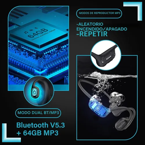 Vista 4 de Auriculares de natación con conducción ósea ELYXFUL, IP68 impermeables Bluetooth y reproductor MP3 de 64GB, auriculares de oreja abierta para nadar