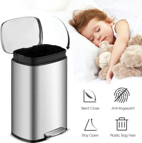 Vista 5 de SoftStep - Cubo de basura rectangular de 50 litros/13.2 galones, cubo de basura de acero inoxidable con cubo interior extraíble y tapa con bisagras