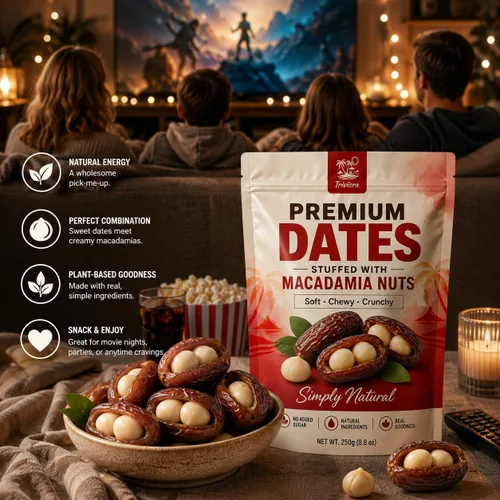 Vista 7 de Dátiles rellenos de macadamia, fechas premium con nueces de macadamia, 8.8 Rojo