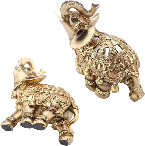 Vista 4 de Estatua de elefante de poliresina dorada, escultura, tronco, riqueza, figurita coleccionable, regalo, decoración del hogar, adorno de Feng Shui