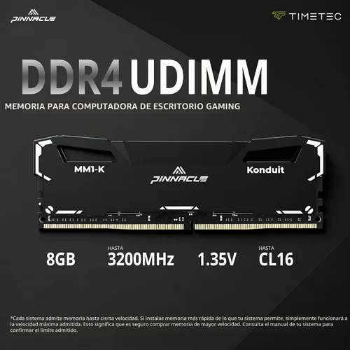 Vista 2 de Timetec Pinnacle Konduit 8GB DDR4 3200MHz PC4-25600 CL16-18-18-38 XMP2.0 Overclocking 1.35V Compatible para AMD e Intel Módulo de memoria RAM